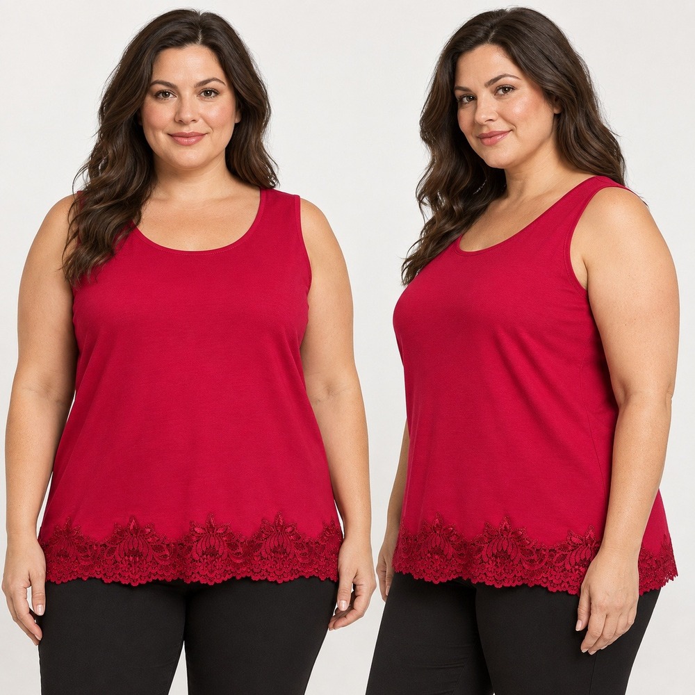 Coldwater Creek Red Lace Trim Tank Top Scoop Neck Sleeveless 1X Cotton Blend